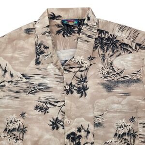 Tropical Island Palm Tree Hawaiian Tan Black Shirt Hawaii Blues Mens XL